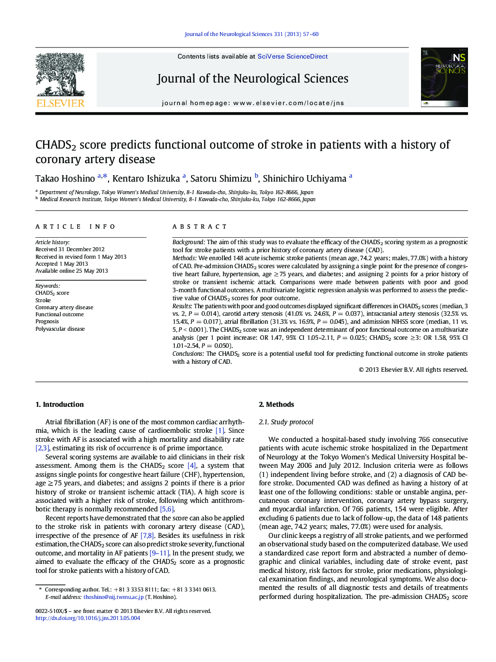 CHADS2 score predicts functional outcome of stroke in patients with a history of coronary artery disease