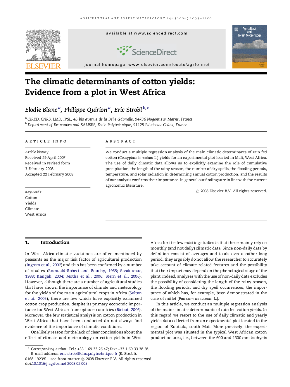 The climatic determinants of cotton yields: Evidence from a plot in West Africa