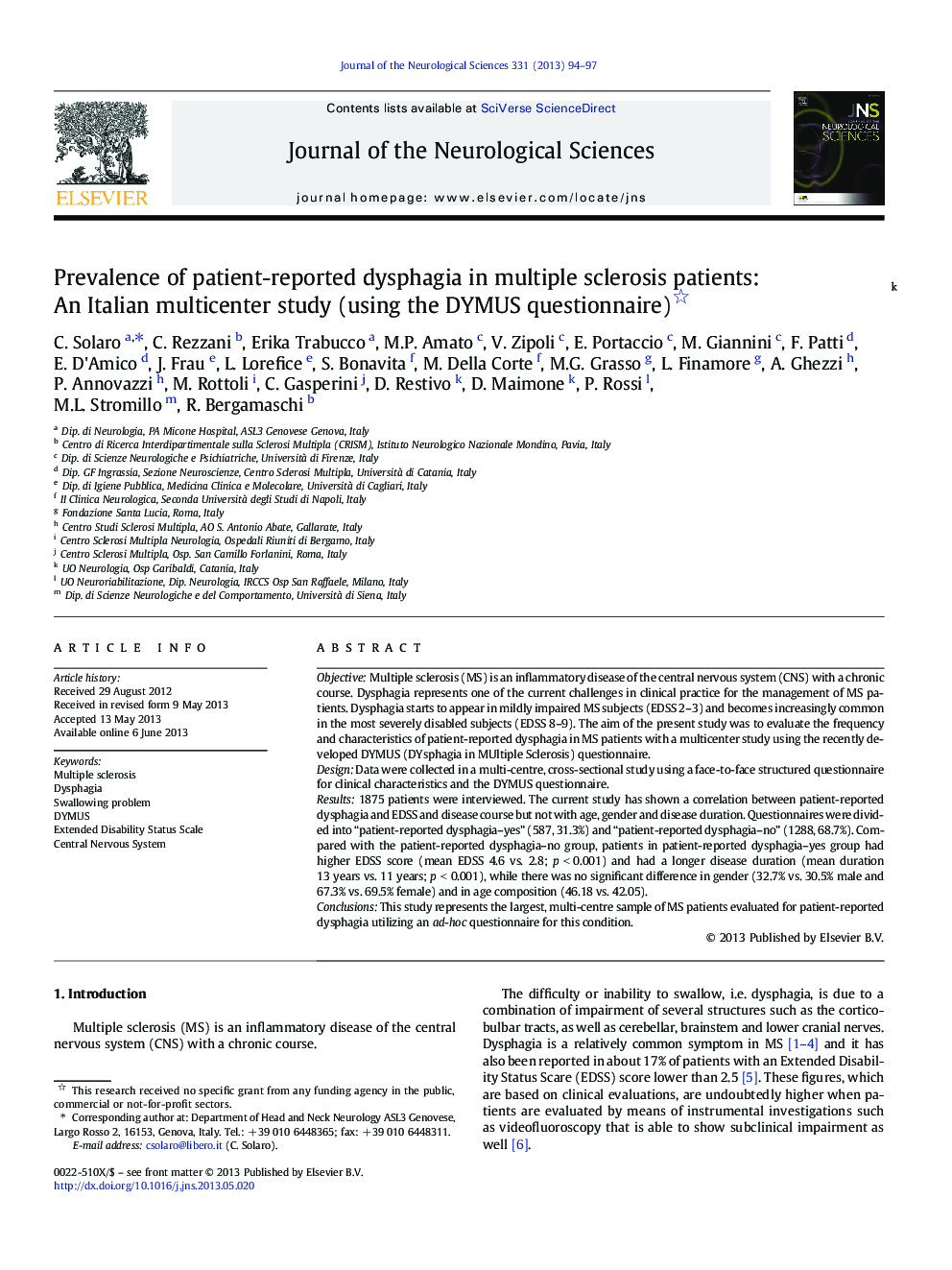 Prevalence of patient-reported dysphagia in multiple sclerosis patients: An Italian multicenter study (using the DYMUS questionnaire)