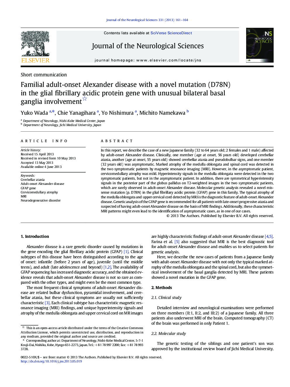 Familial adult-onset Alexander disease with a novel mutation (D78N) in the glial fibrillary acidic protein gene with unusual bilateral basal ganglia involvement