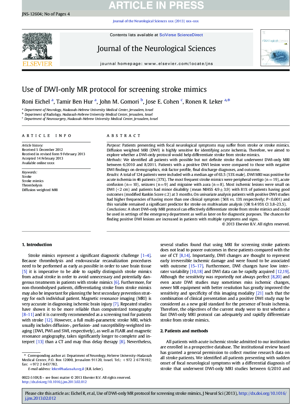 Use of DWI-only MR protocol for screening stroke mimics