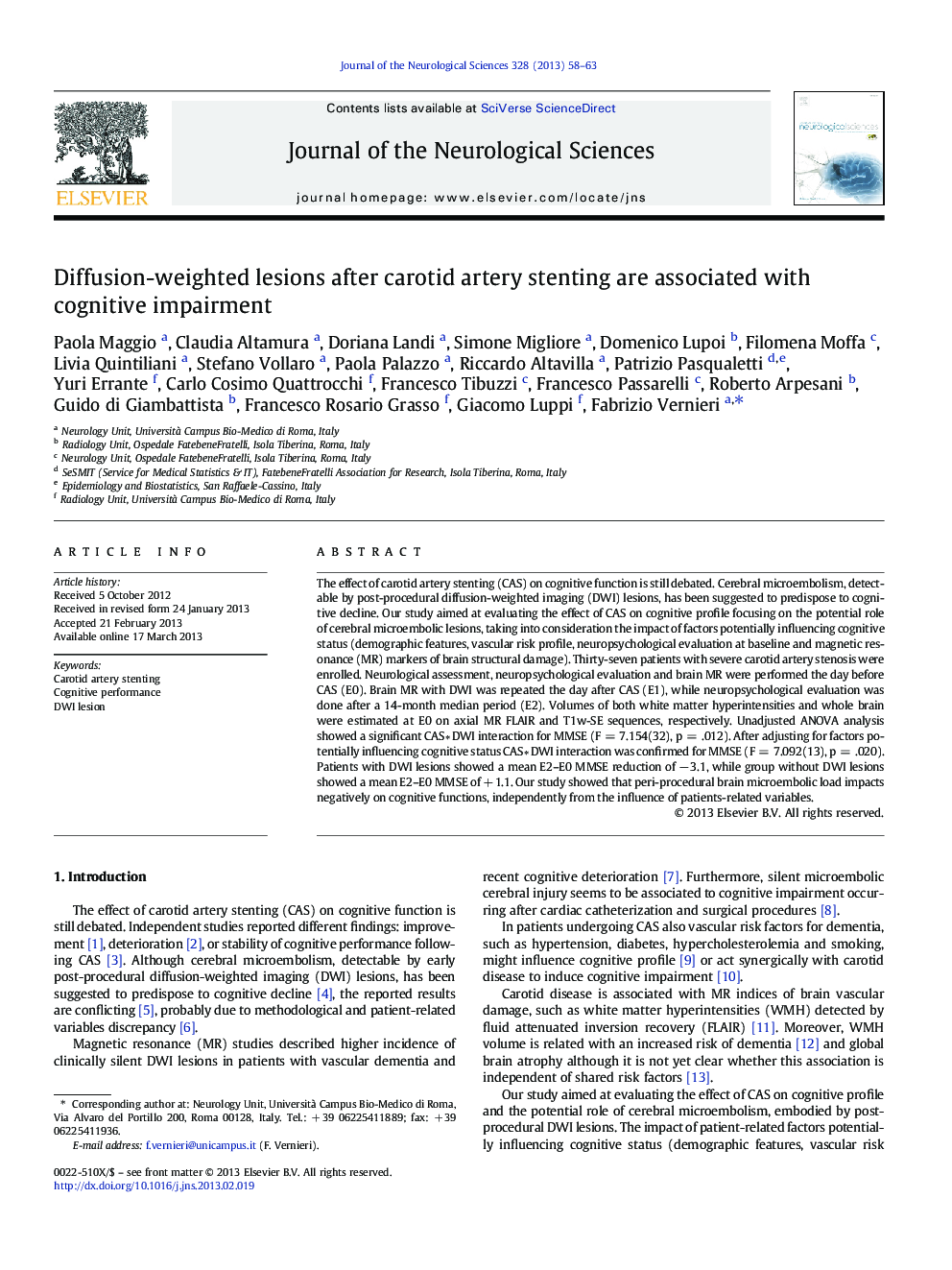 Diffusion-weighted lesions after carotid artery stenting are associated with cognitive impairment