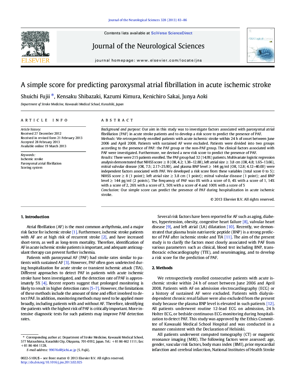 A simple score for predicting paroxysmal atrial fibrillation in acute ischemic stroke