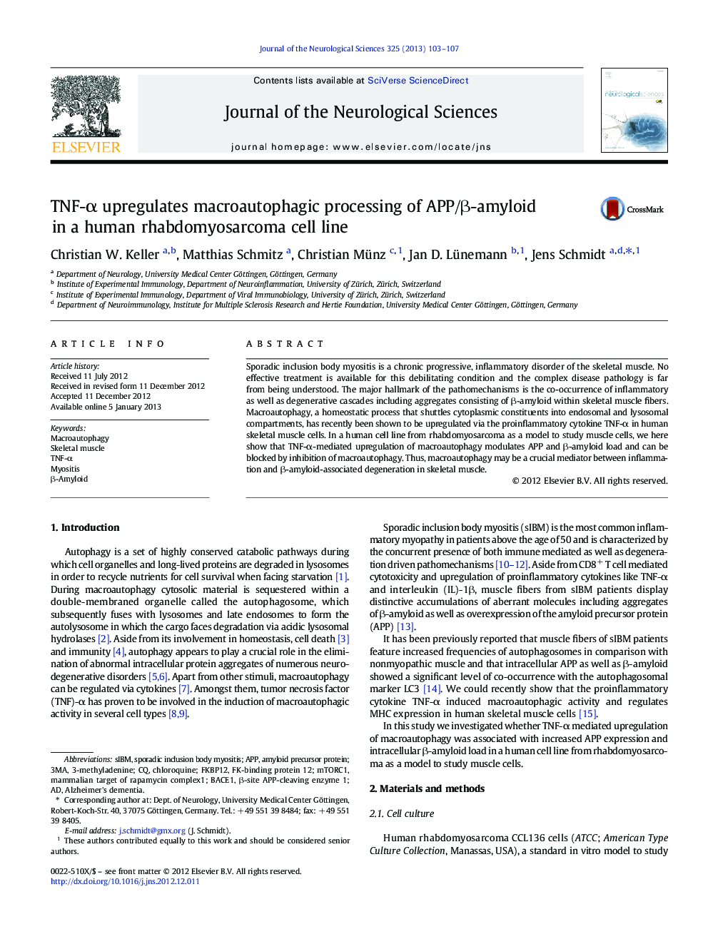 TNF-Î± upregulates macroautophagic processing of APP/Î²-amyloid in a human rhabdomyosarcoma cell line