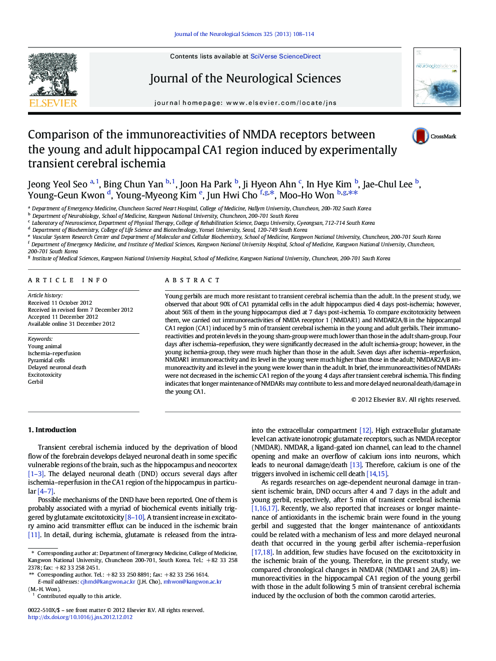 Comparison of the immunoreactivities of NMDA receptors between the young and adult hippocampal CA1 region induced by experimentally transient cerebral ischemia