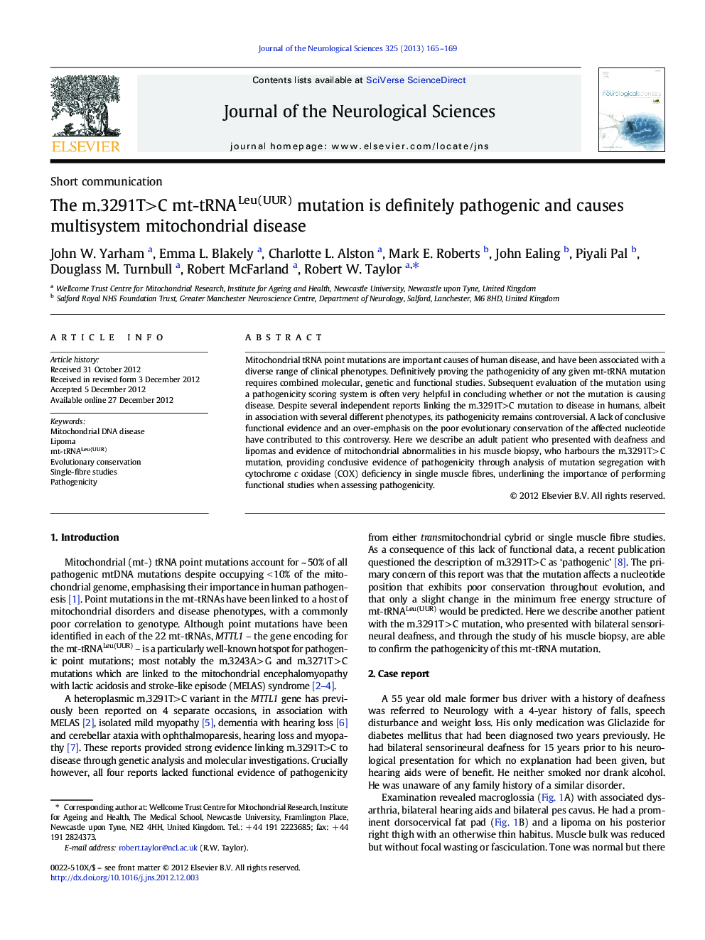 The m.3291T>C mt-tRNALeu(UUR) mutation is definitely pathogenic and causes multisystem mitochondrial disease