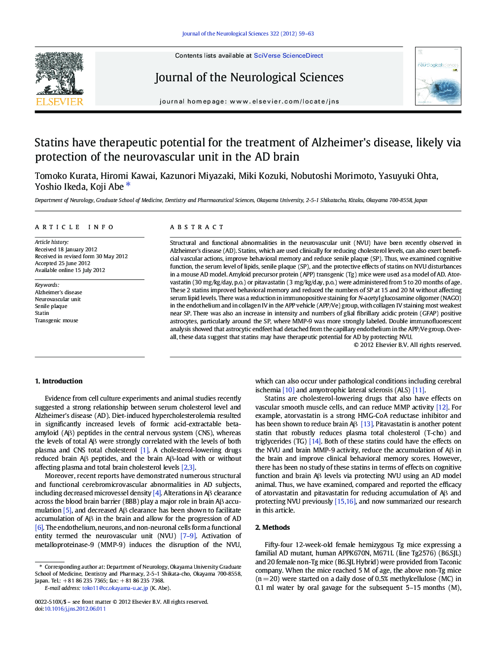 Statins have therapeutic potential for the treatment of Alzheimer's disease, likely via protection of the neurovascular unit in the AD brain