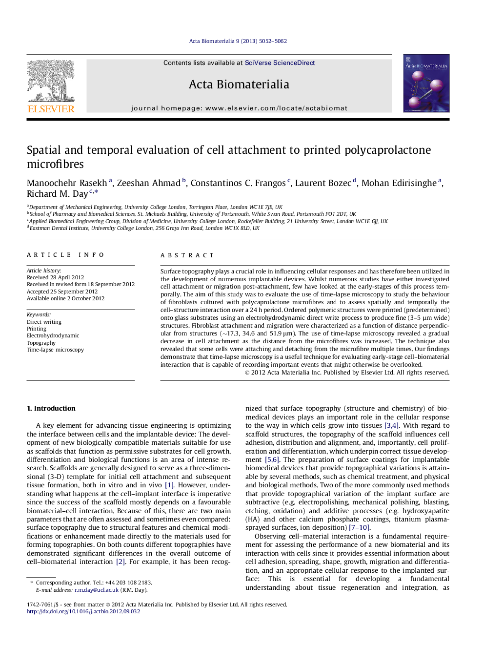 Spatial and temporal evaluation of cell attachment to printed polycaprolactone microfibres