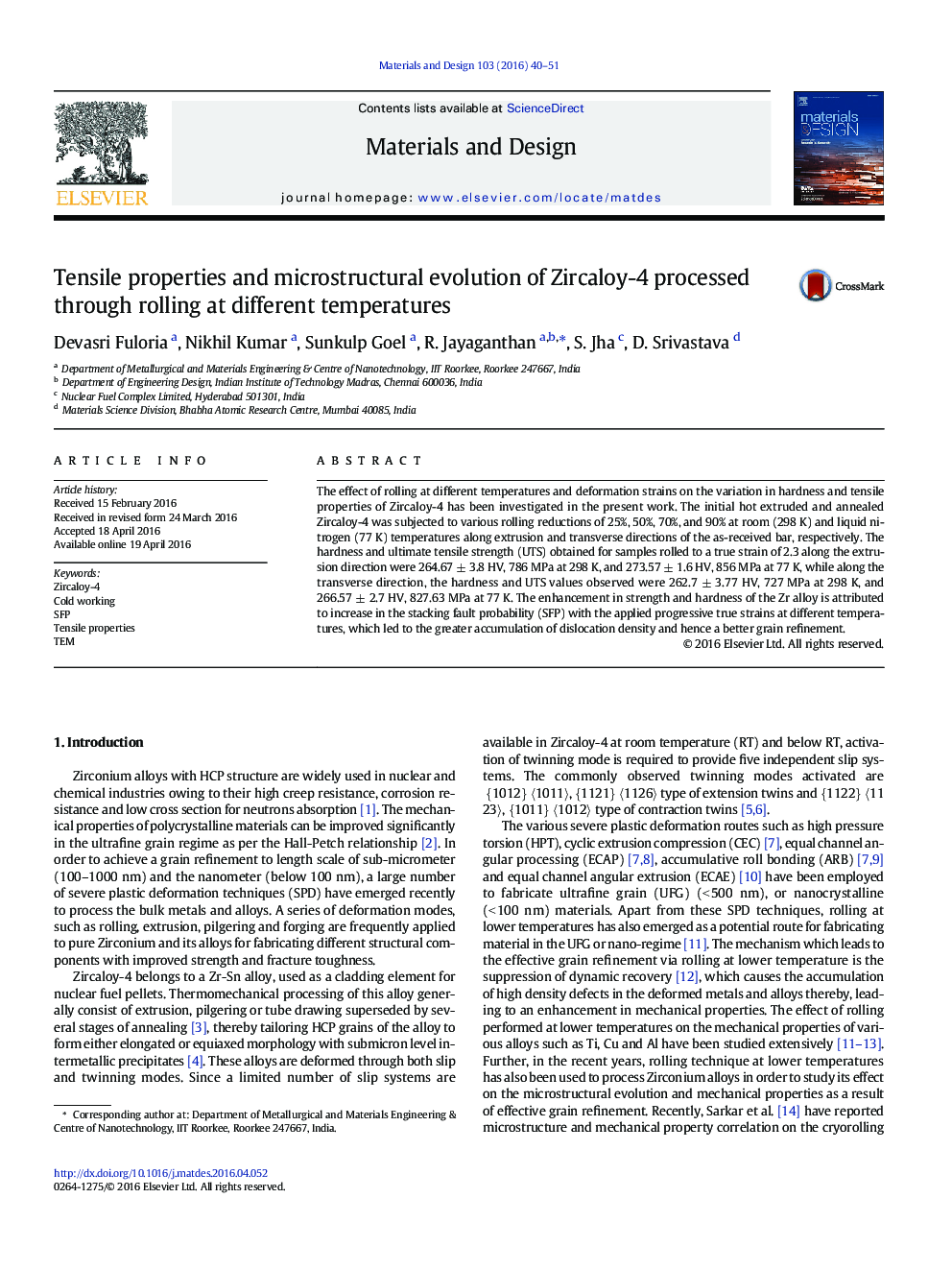 Tensile properties and microstructural evolution of Zircaloy-4 processed through rolling at different temperatures