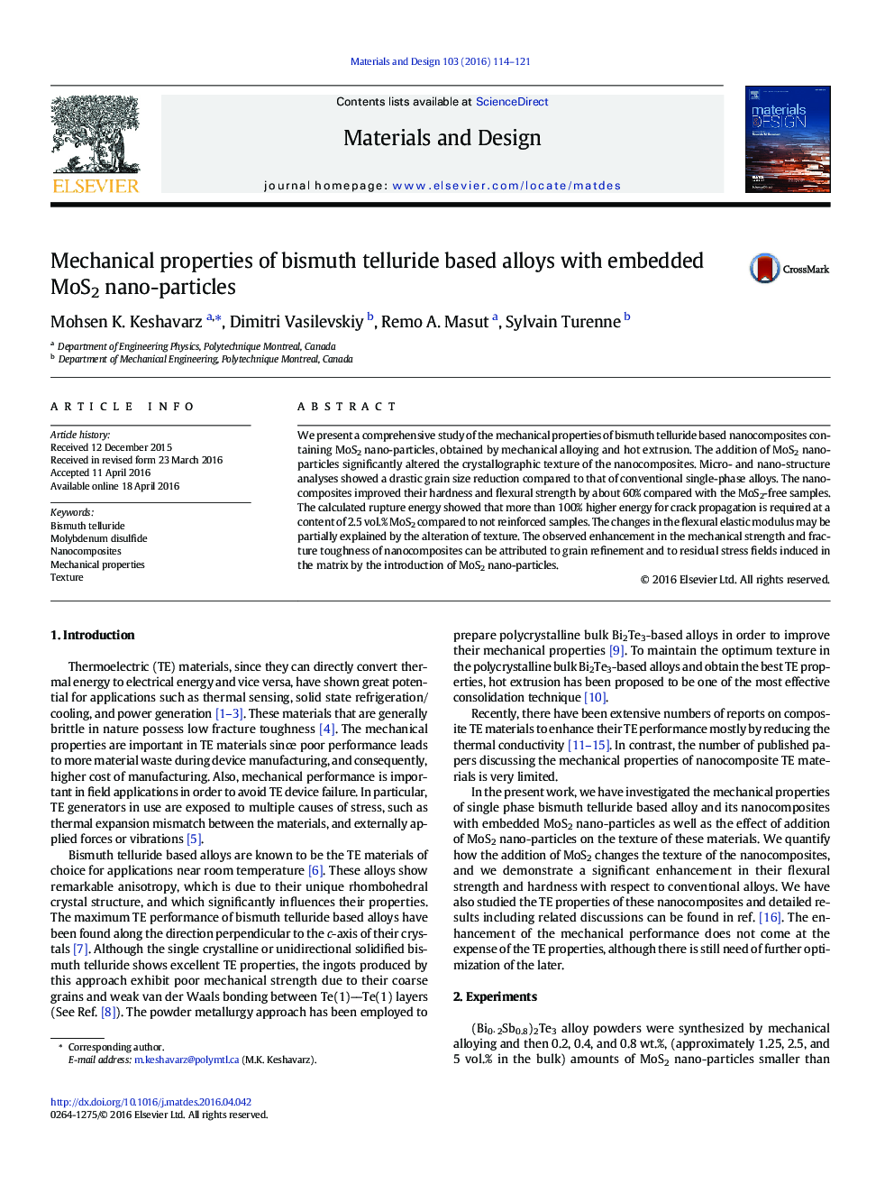 Mechanical properties of bismuth telluride based alloys with embedded MoS2 nano-particles