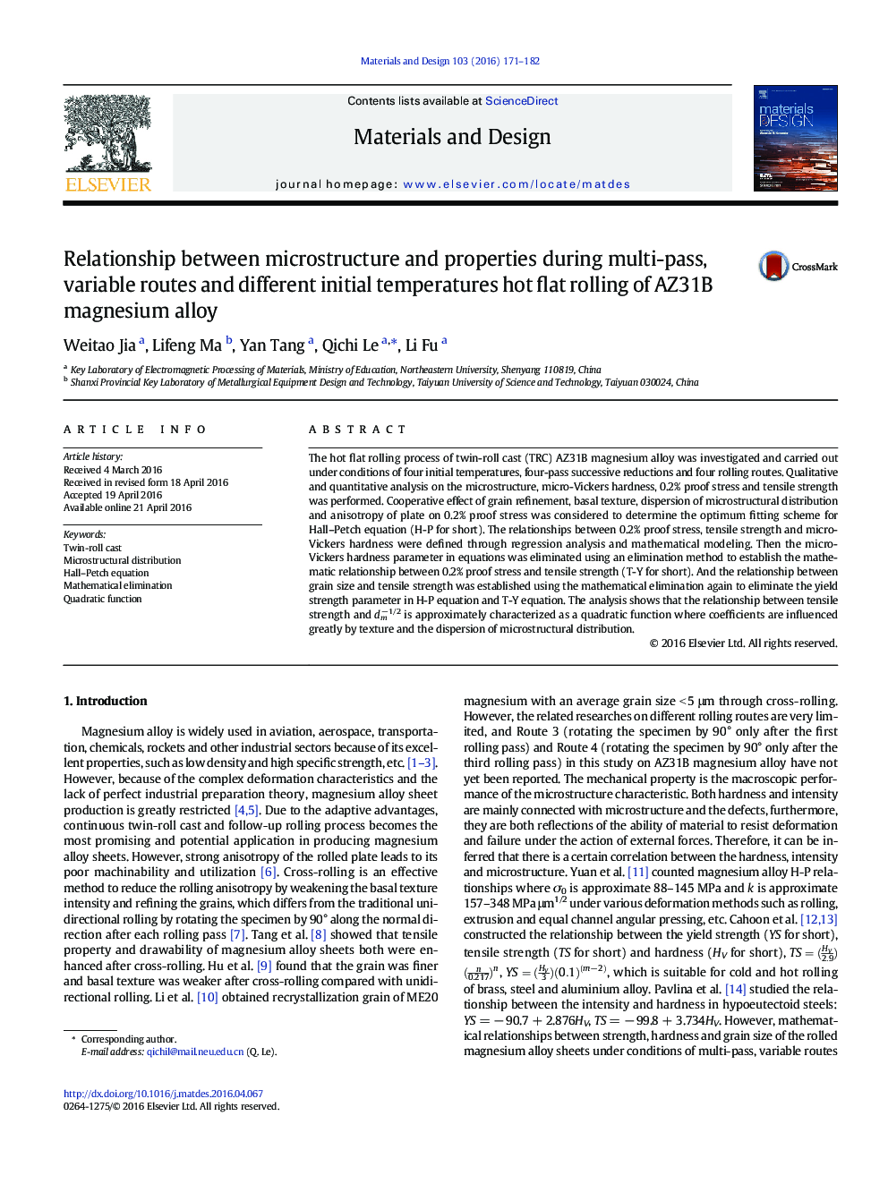 Relationship between microstructure and properties during multi-pass, variable routes and different initial temperatures hot flat rolling of AZ31B magnesium alloy