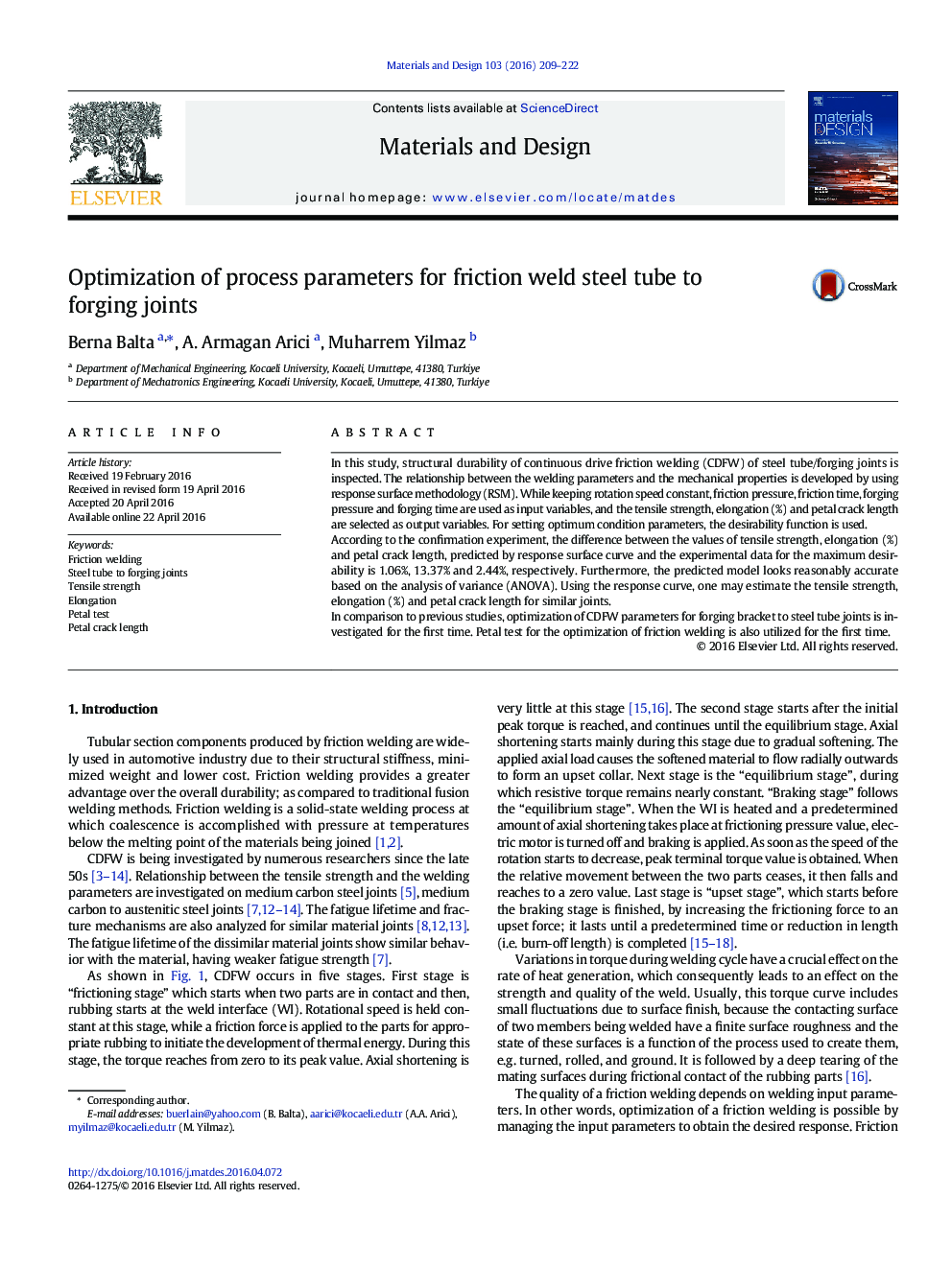 Optimization of process parameters for friction weld steel tube to forging joints