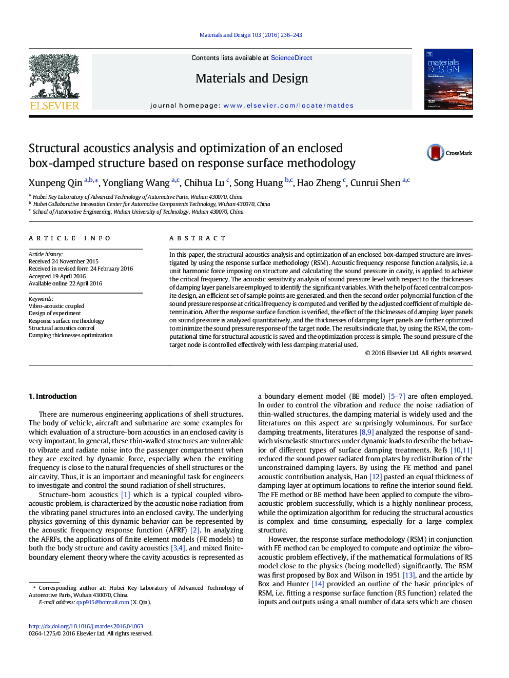 Structural acoustics analysis and optimization of an enclosed box-damped structure based on response surface methodology