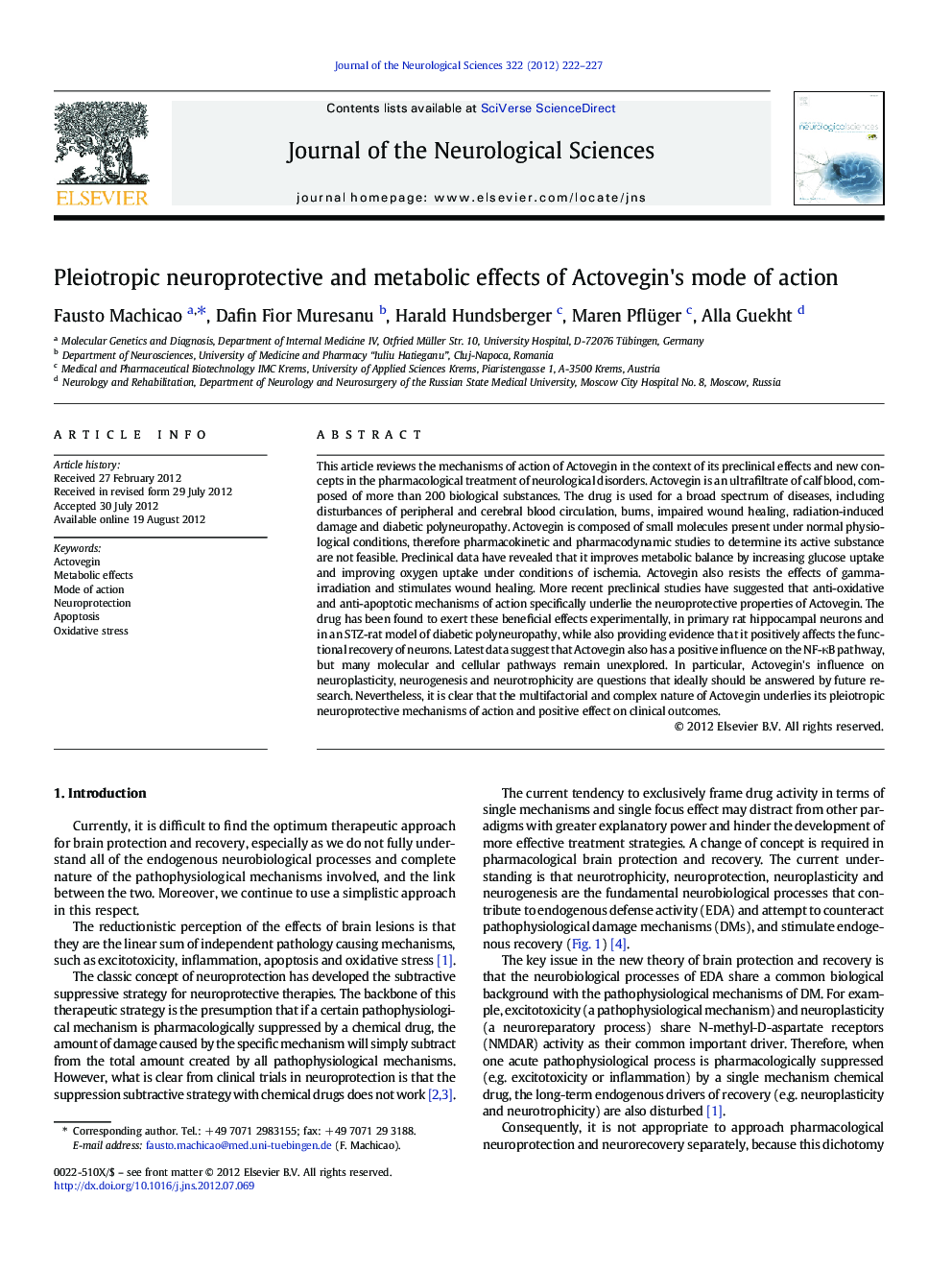 Pleiotropic neuroprotective and metabolic effects of Actovegin's mode of action