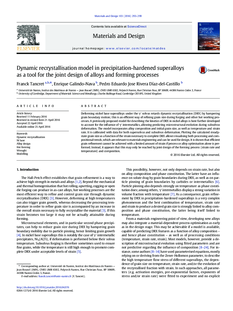 Dynamic recrystallisation model in precipitation-hardened superalloys as a tool for the joint design of alloys and forming processes