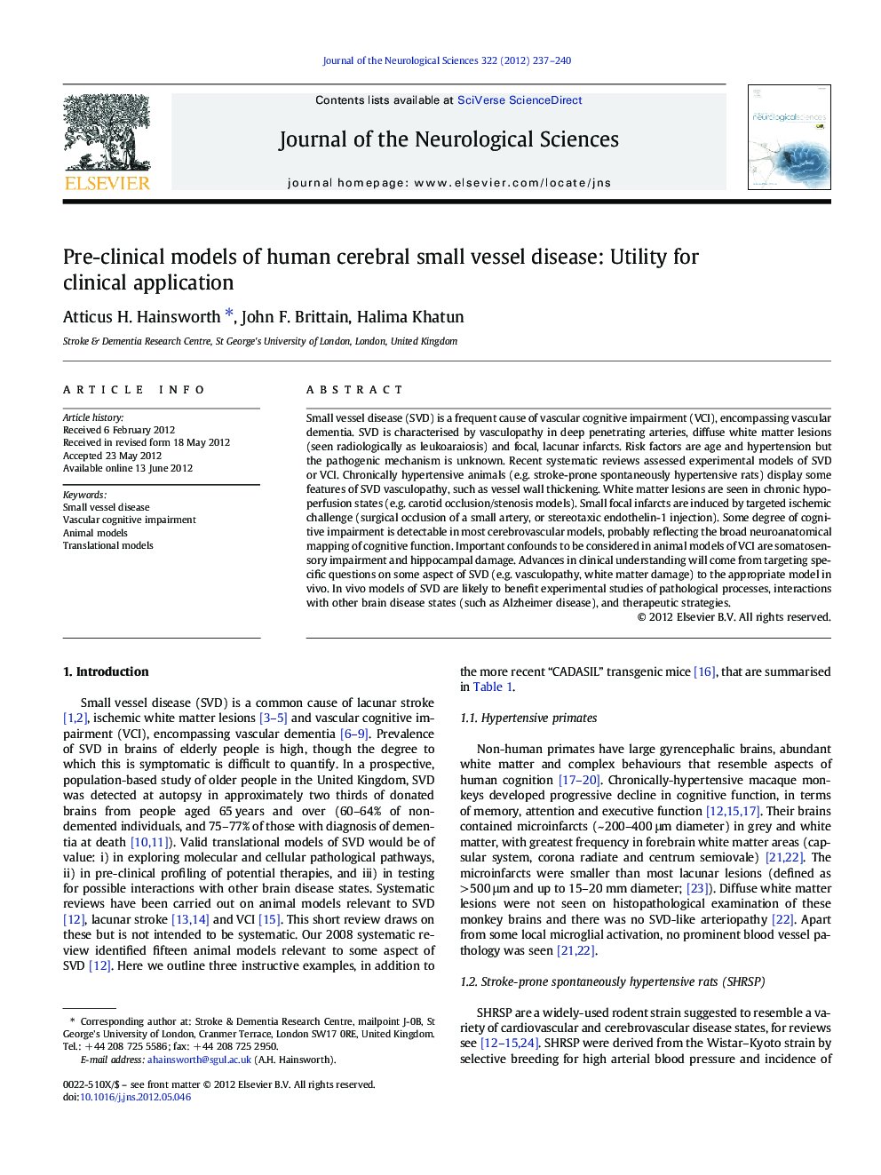 Pre-clinical models of human cerebral small vessel disease: Utility for clinical application