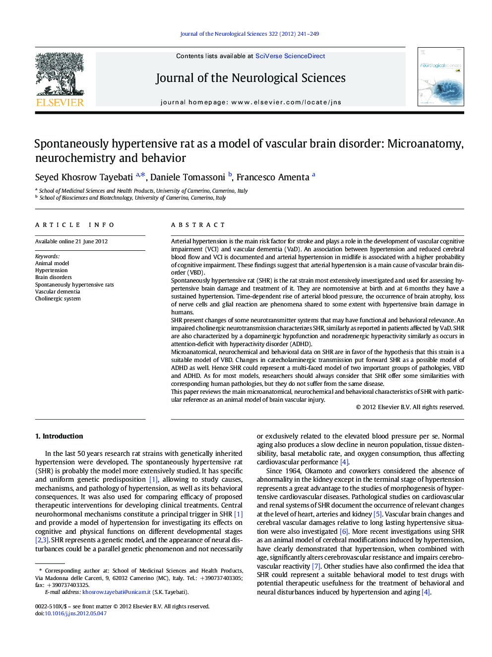 Spontaneously hypertensive rat as a model of vascular brain disorder: Microanatomy, neurochemistry and behavior