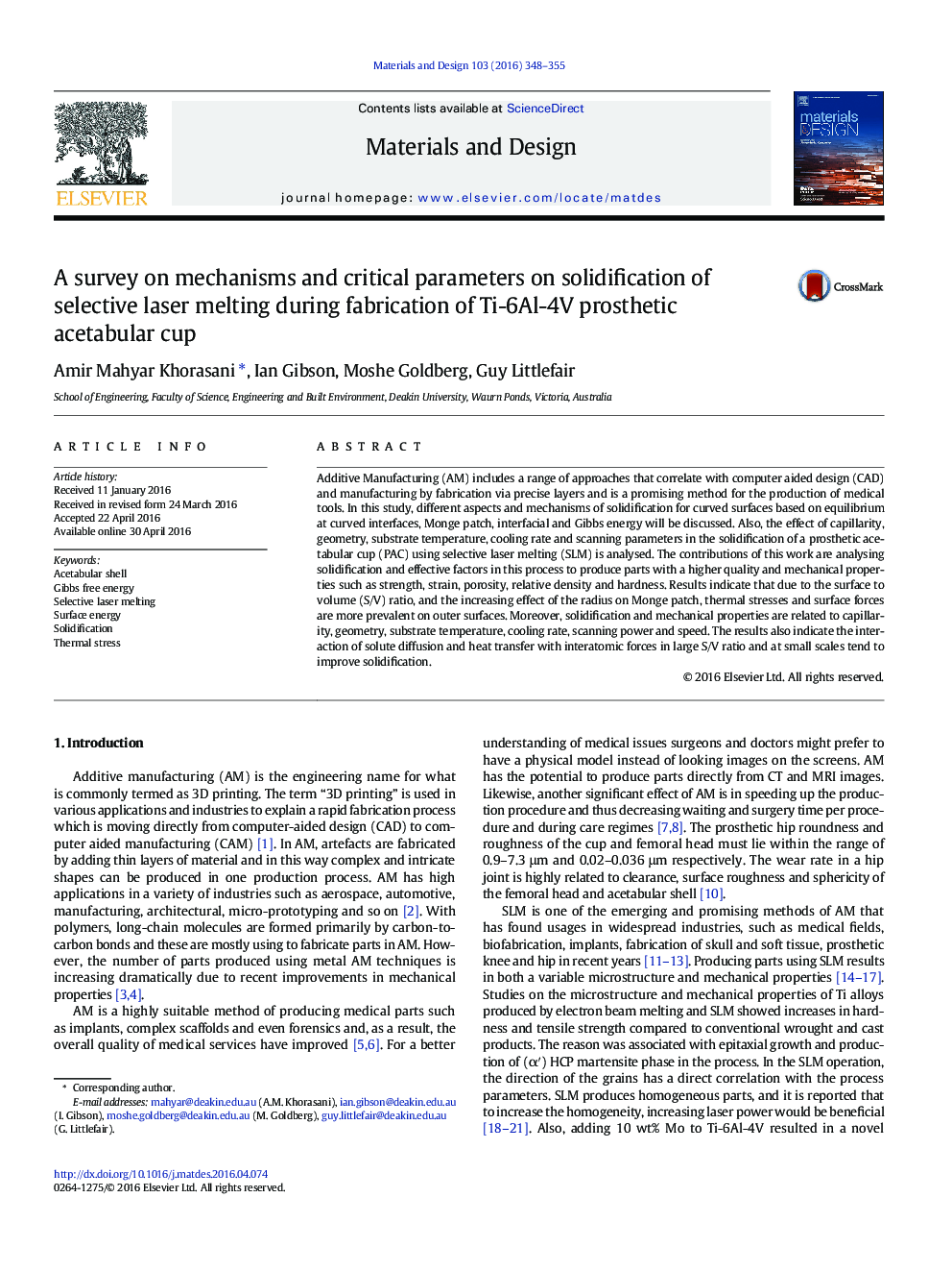 A survey on mechanisms and critical parameters on solidification of selective laser melting during fabrication of Ti-6Al-4V prosthetic acetabular cup