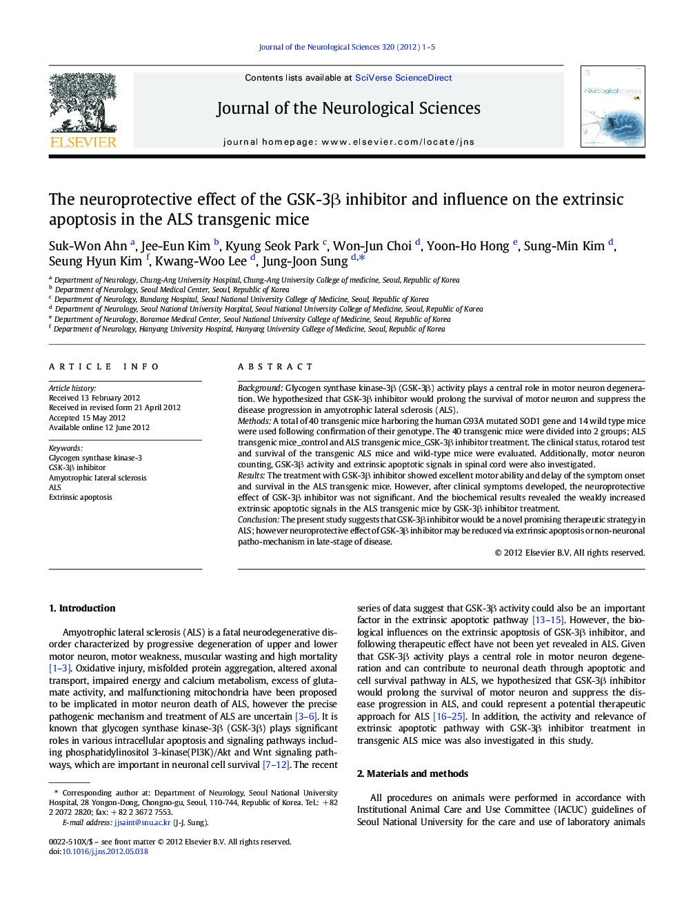 The neuroprotective effect of the GSK-3Î² inhibitor and influence on the extrinsic apoptosis in the ALS transgenic mice