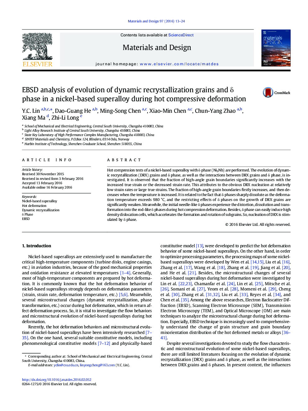 EBSD analysis of evolution of dynamic recrystallization grains and δ phase in a nickel-based superalloy during hot compressive deformation