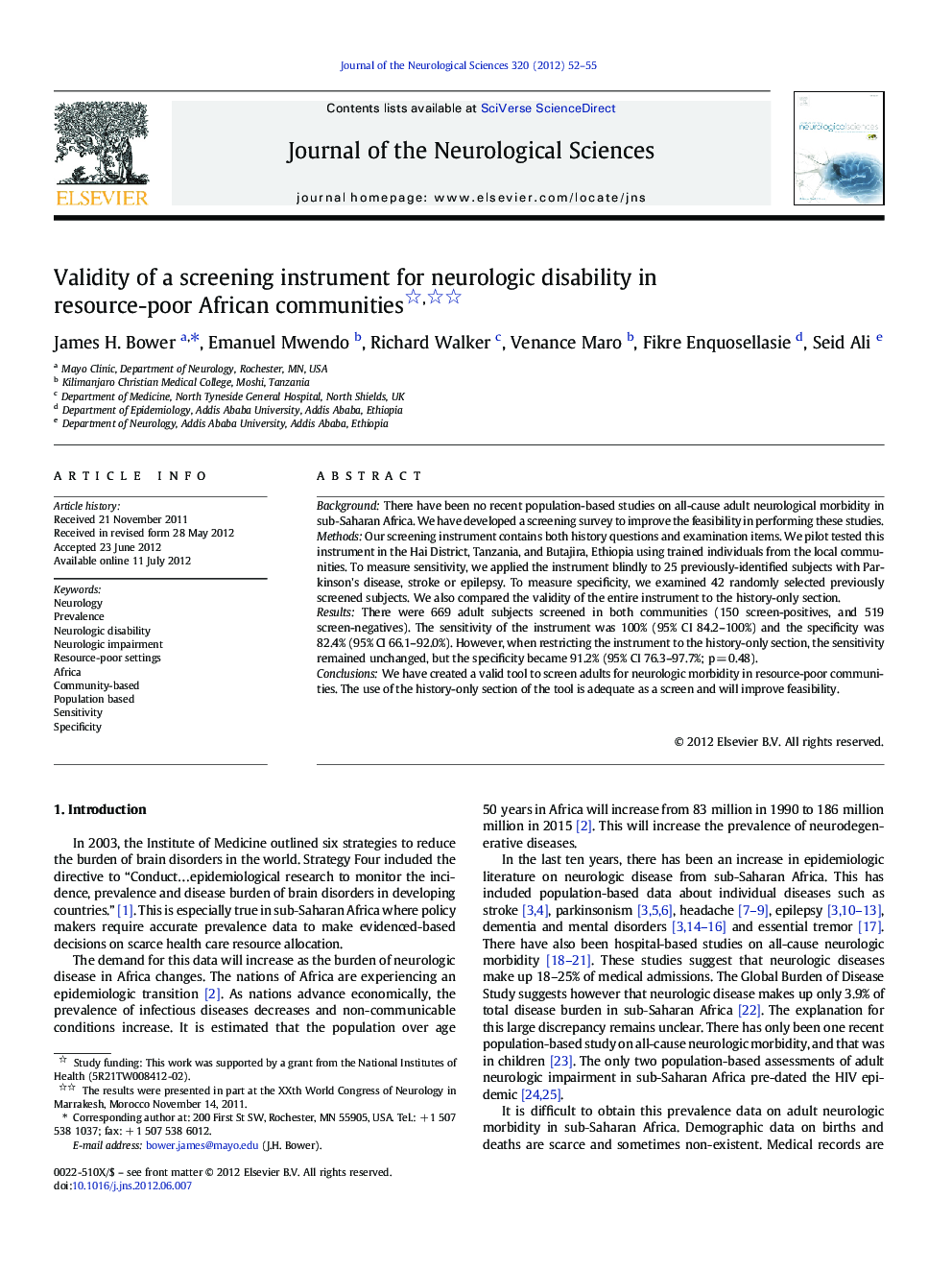 Validity of a screening instrument for neurologic disability in resource-poor African communities