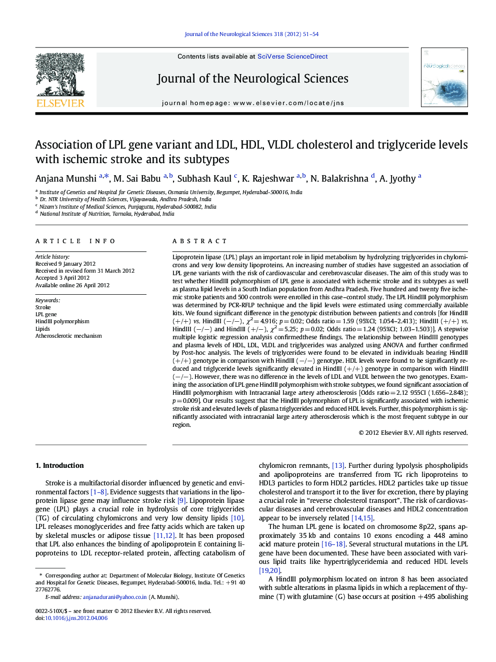 Association of LPL gene variant and LDL, HDL, VLDL cholesterol and triglyceride levels with ischemic stroke and its subtypes