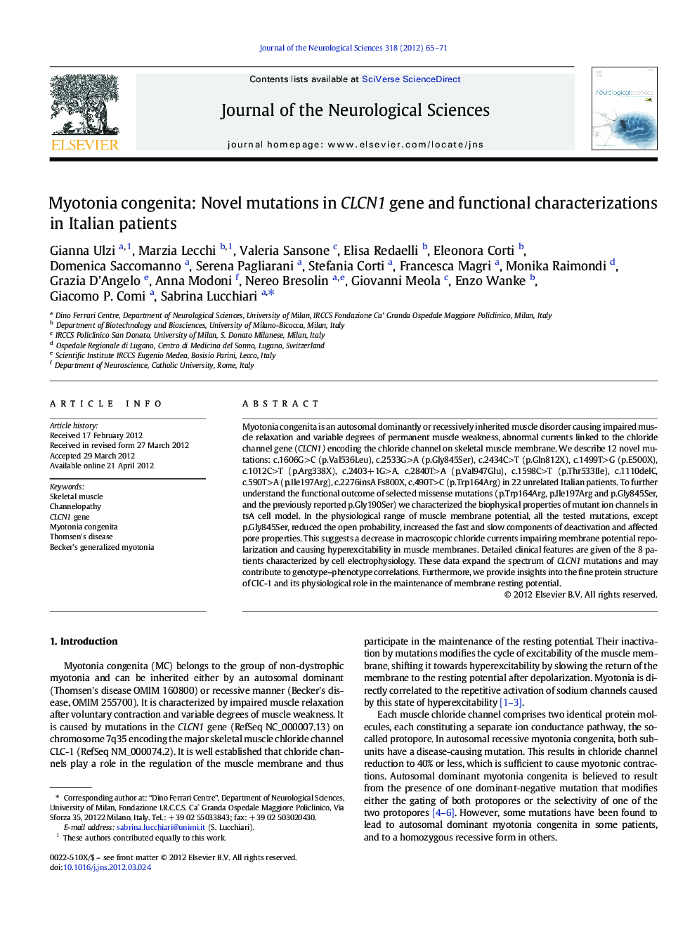 Myotonia congenita: Novel mutations in CLCN1 gene and functional characterizations in Italian patients
