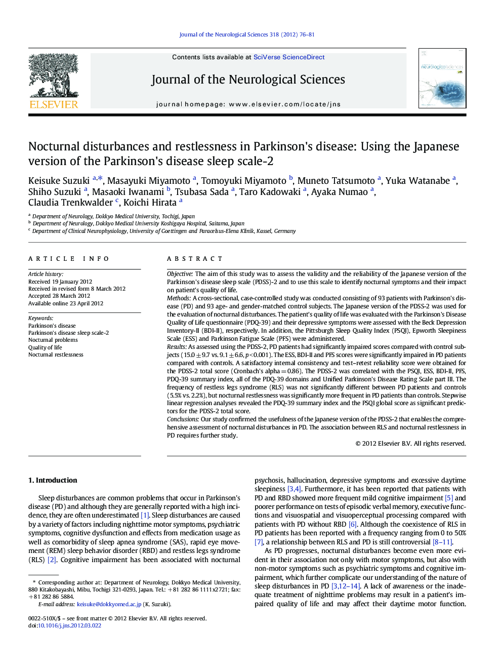 Nocturnal disturbances and restlessness in Parkinson's disease: Using the Japanese version of the Parkinson's disease sleep scale-2