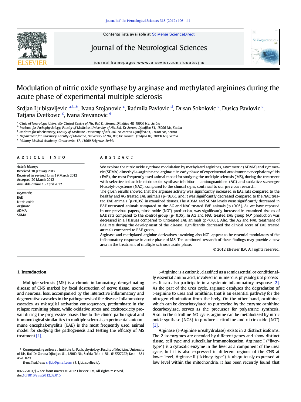 Modulation of nitric oxide synthase by arginase and methylated arginines during the acute phase of experimental multiple sclerosis