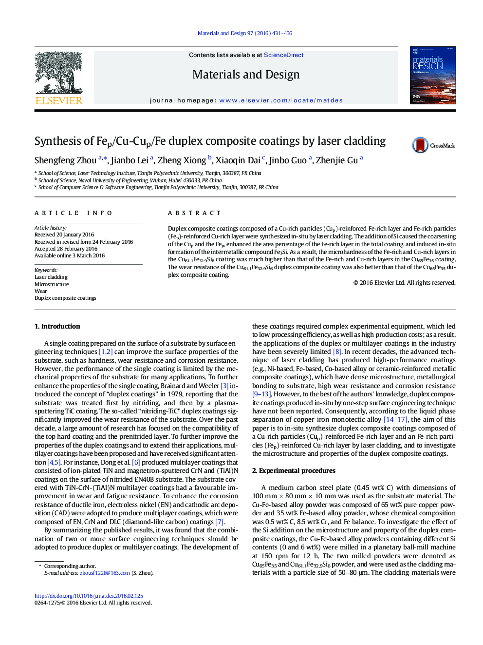 Synthesis of Fep/Cu-Cup/Fe duplex composite coatings by laser cladding