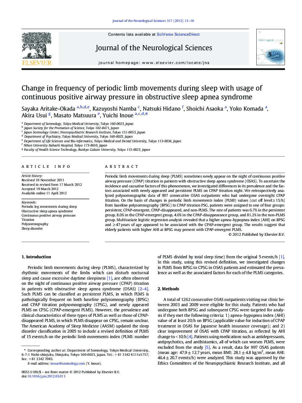 Change in frequency of periodic limb movements during sleep with usage of continuous positive airway pressure in obstructive sleep apnea syndrome