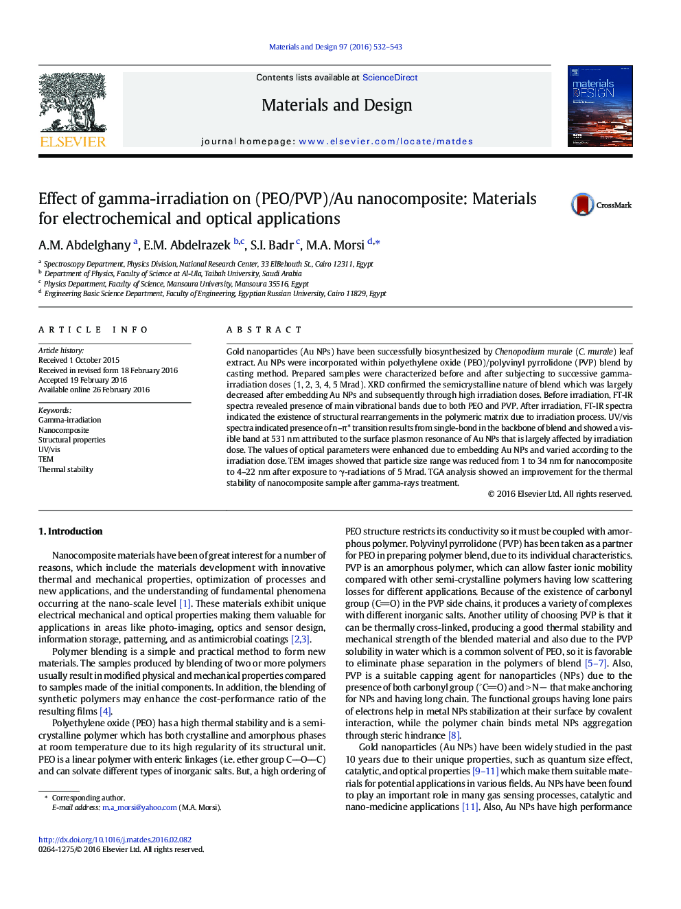 Effect of gamma-irradiation on (PEO/PVP)/Au nanocomposite: Materials for electrochemical and optical applications