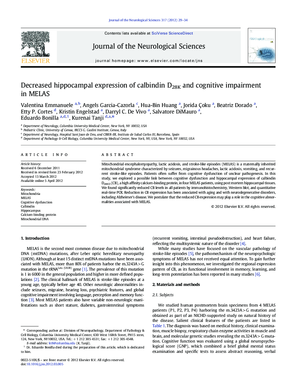 Decreased hippocampal expression of calbindin D28K and cognitive impairment in MELAS