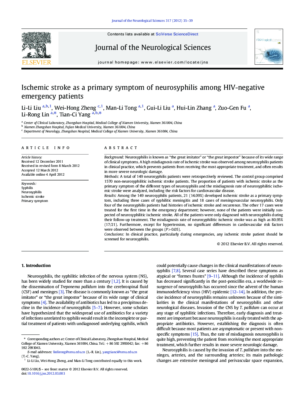 Ischemic stroke as a primary symptom of neurosyphilis among HIV-negative emergency patients