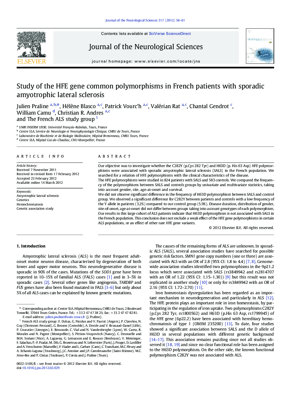 Study of the HFE gene common polymorphisms in French patients with sporadic amyotrophic lateral sclerosis