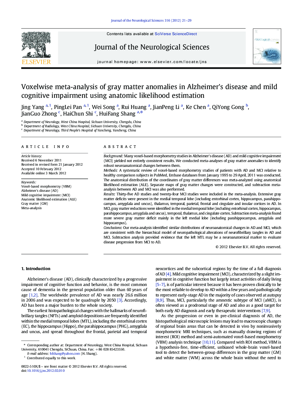 Voxelwise meta-analysis of gray matter anomalies in Alzheimer's disease and mild cognitive impairment using anatomic likelihood estimation