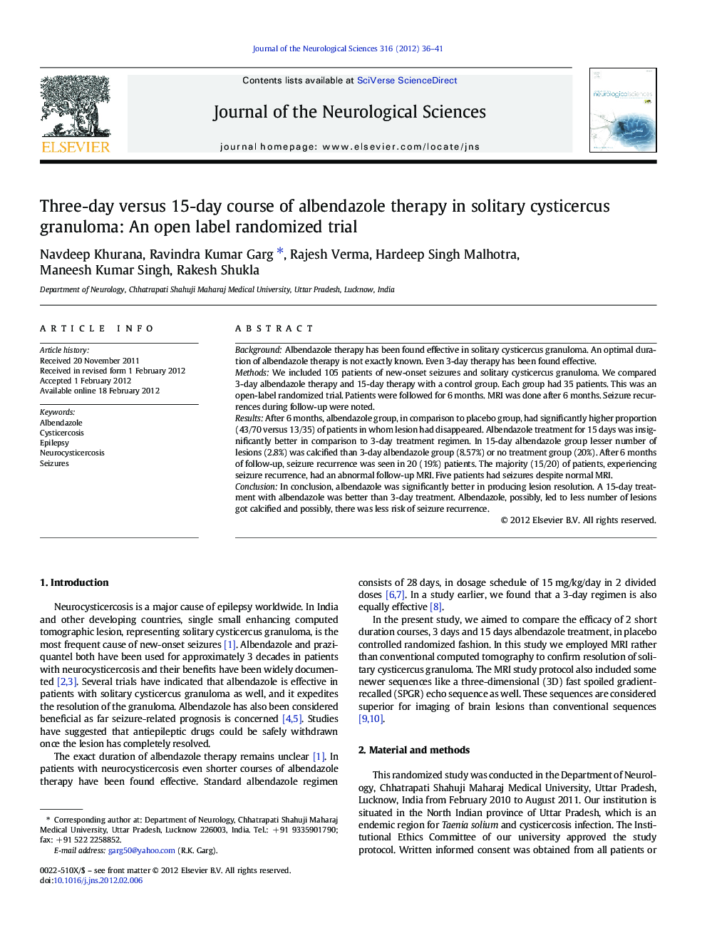 Three-day versus 15-day course of albendazole therapy in solitary cysticercus granuloma: An open label randomized trial