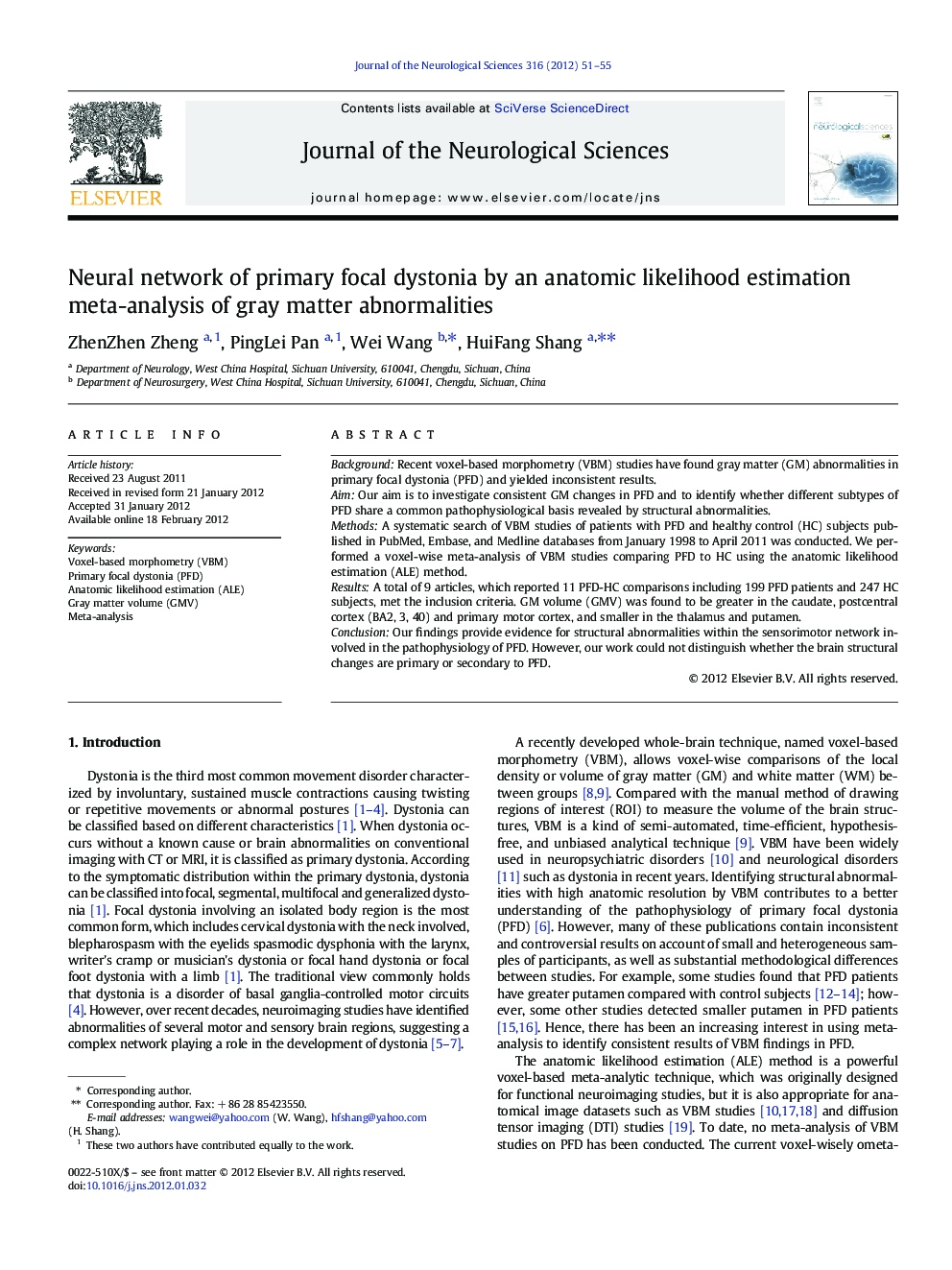 Neural network of primary focal dystonia by an anatomic likelihood estimation meta-analysis of gray matter abnormalities