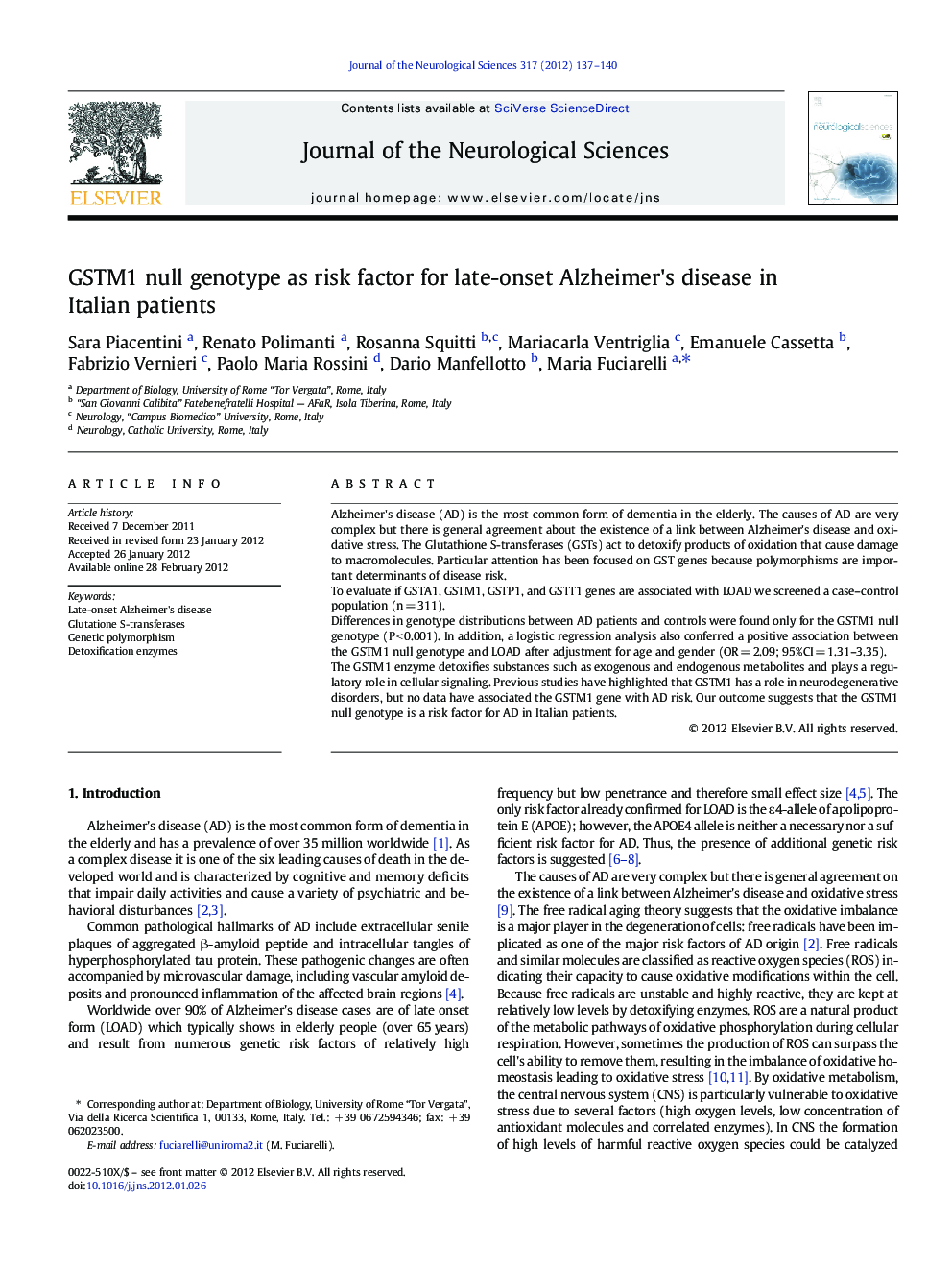 GSTM1 null genotype as risk factor for late-onset Alzheimer's disease in Italian patients