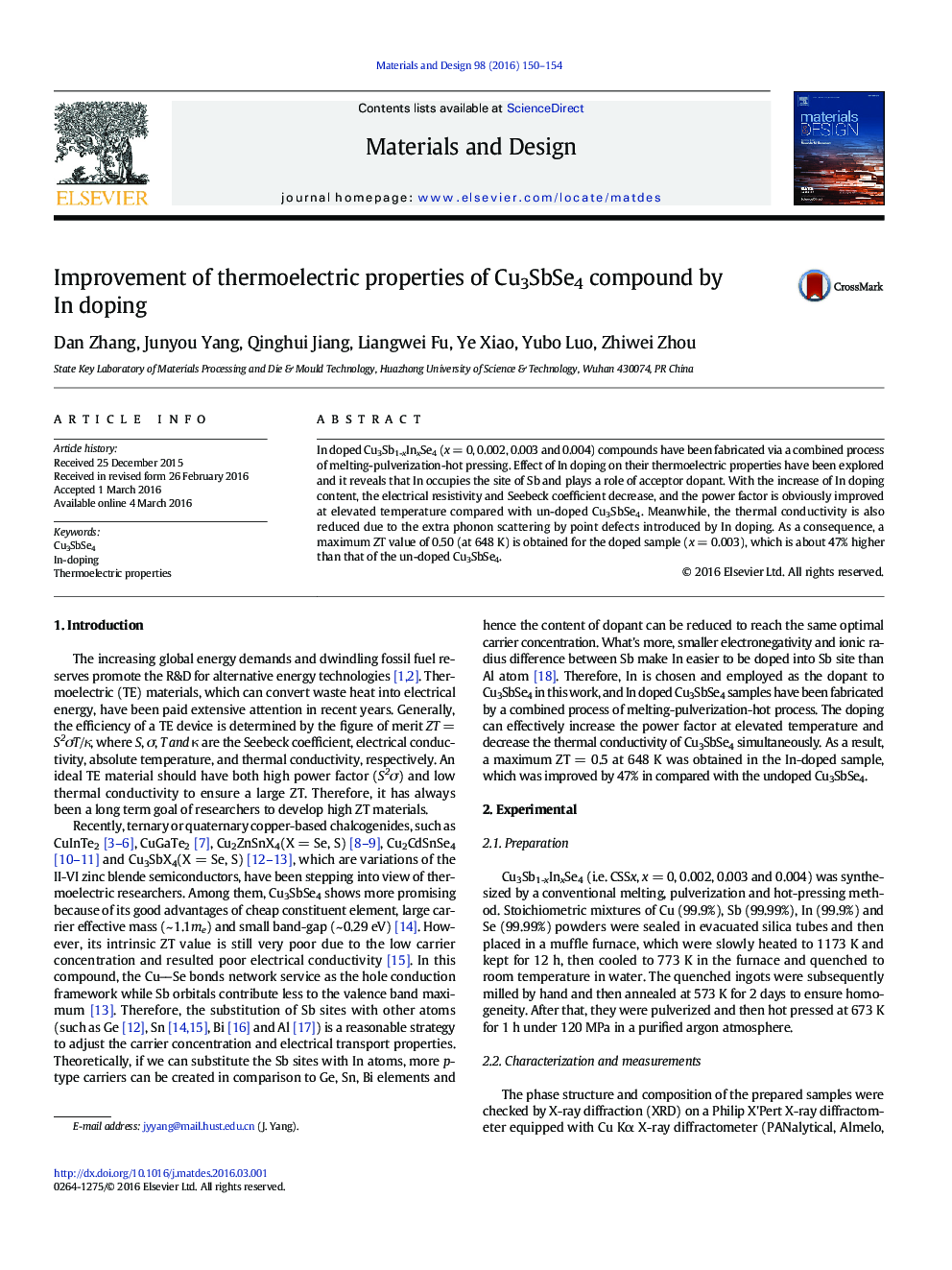 Improvement of thermoelectric properties of Cu3SbSe4 compound by In doping