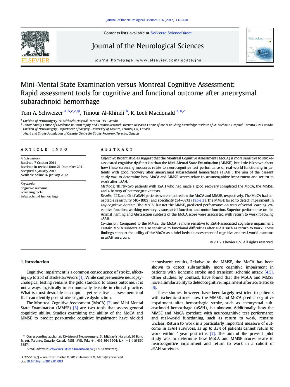 Mini-Mental State Examination versus Montreal Cognitive Assessment: Rapid assessment tools for cognitive and functional outcome after aneurysmal subarachnoid hemorrhage