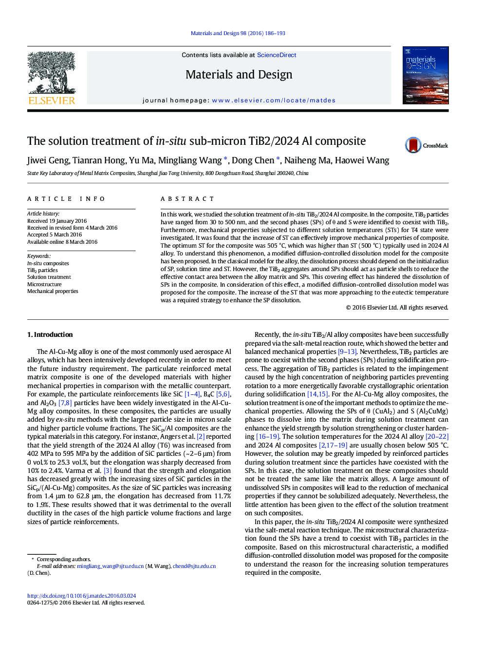 The solution treatment of in-situ sub-micron TiB2/2024 Al composite