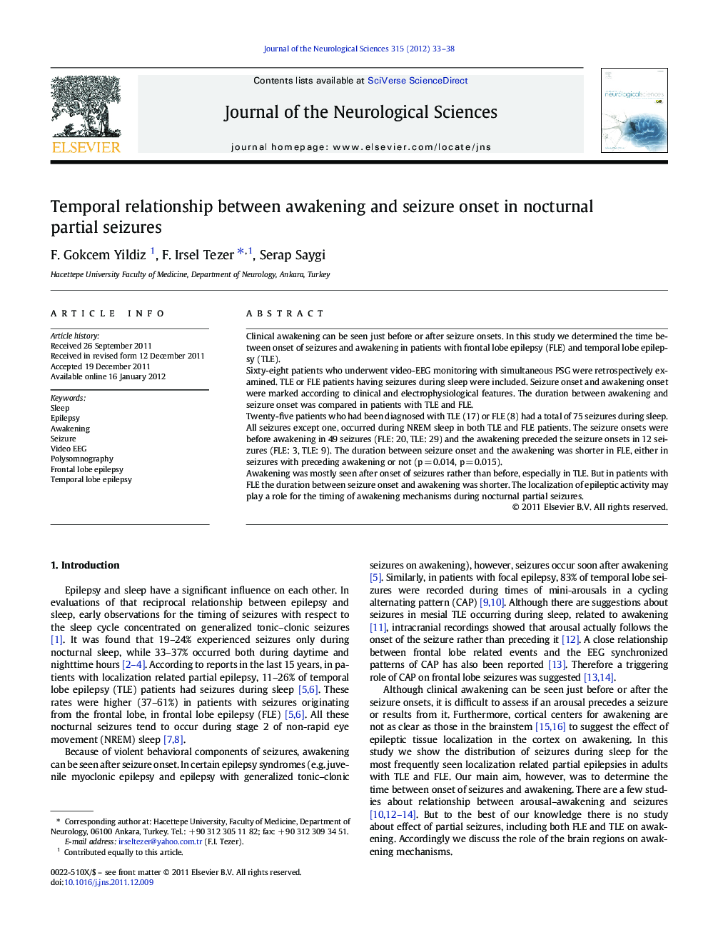 Temporal relationship between awakening and seizure onset in nocturnal partial seizures