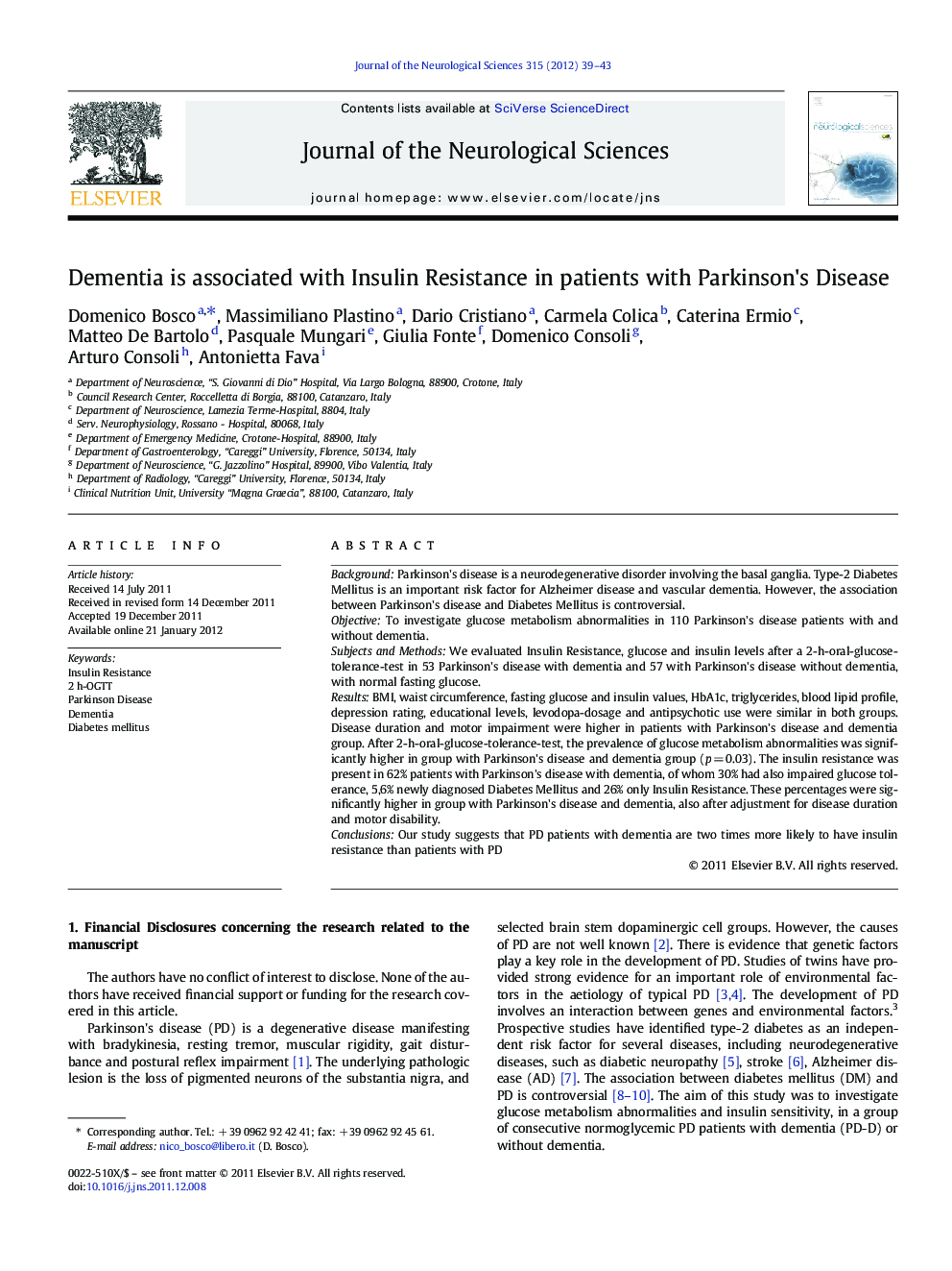 Dementia is associated with Insulin Resistance in patients with Parkinson's Disease