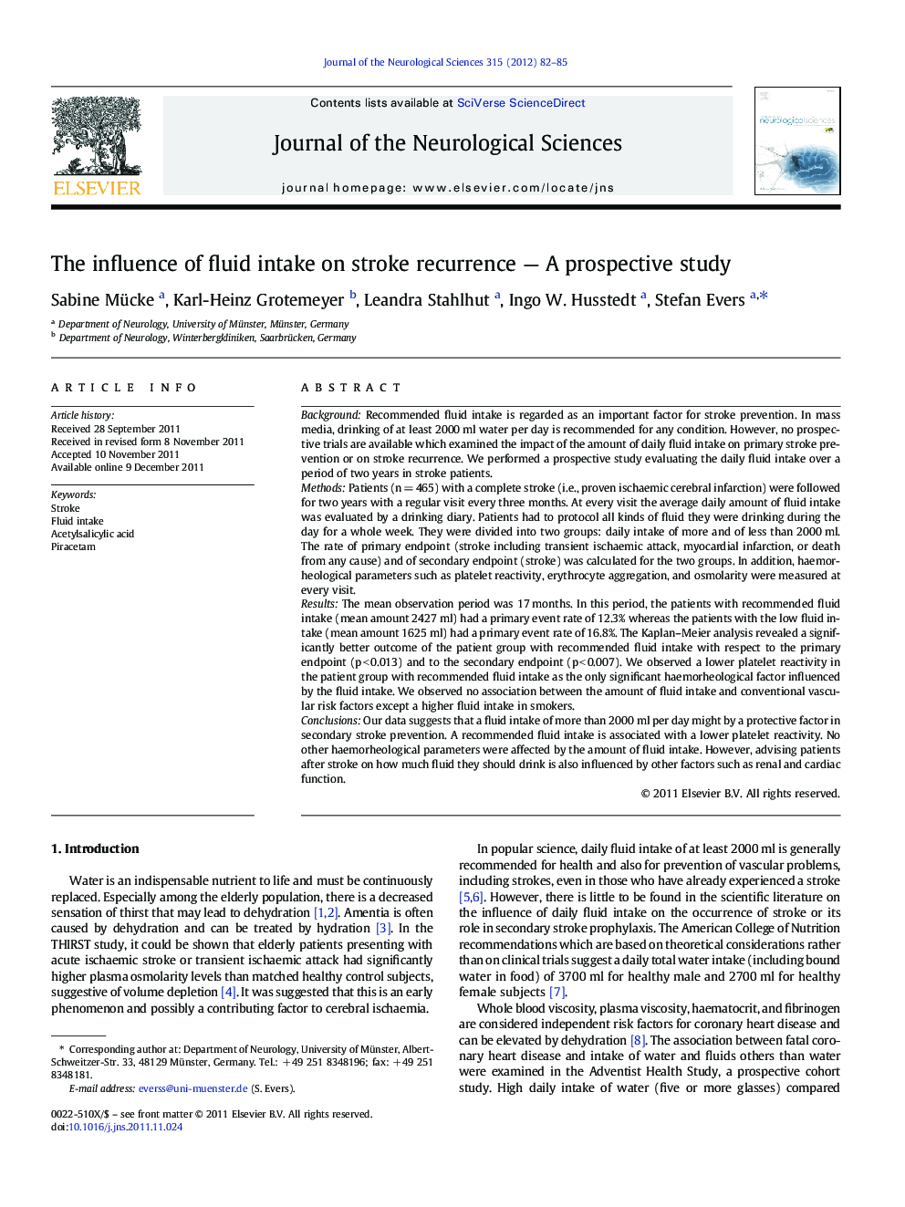 The influence of fluid intake on stroke recurrence - A prospective study