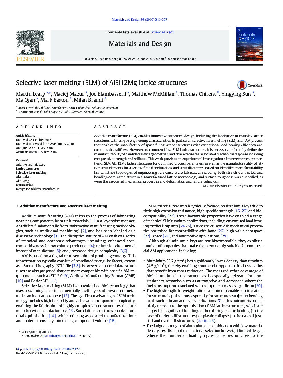 Selective laser melting (SLM) of AlSi12Mg lattice structures