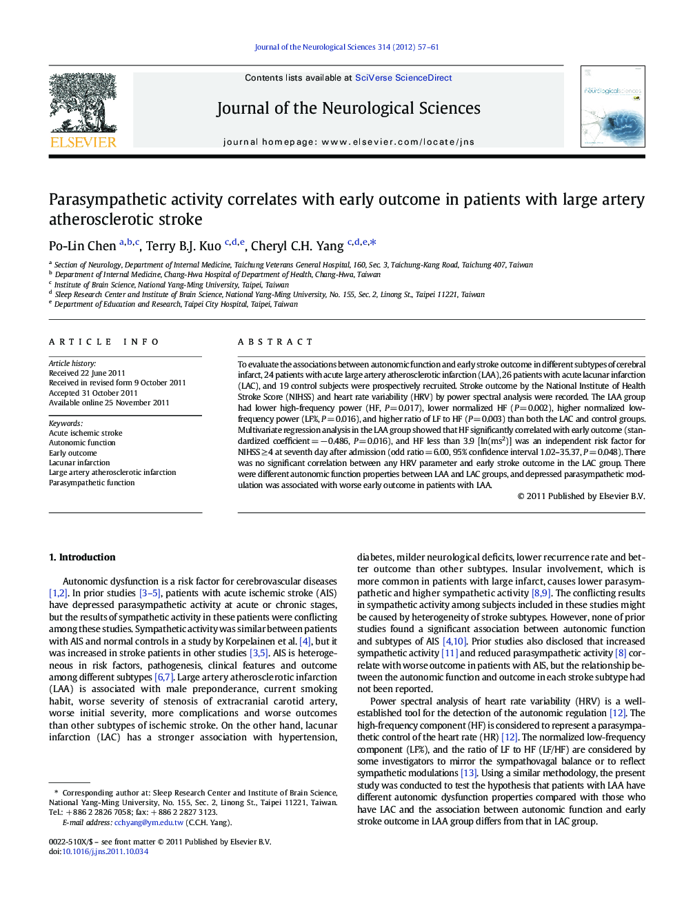 Parasympathetic activity correlates with early outcome in patients with large artery atherosclerotic stroke