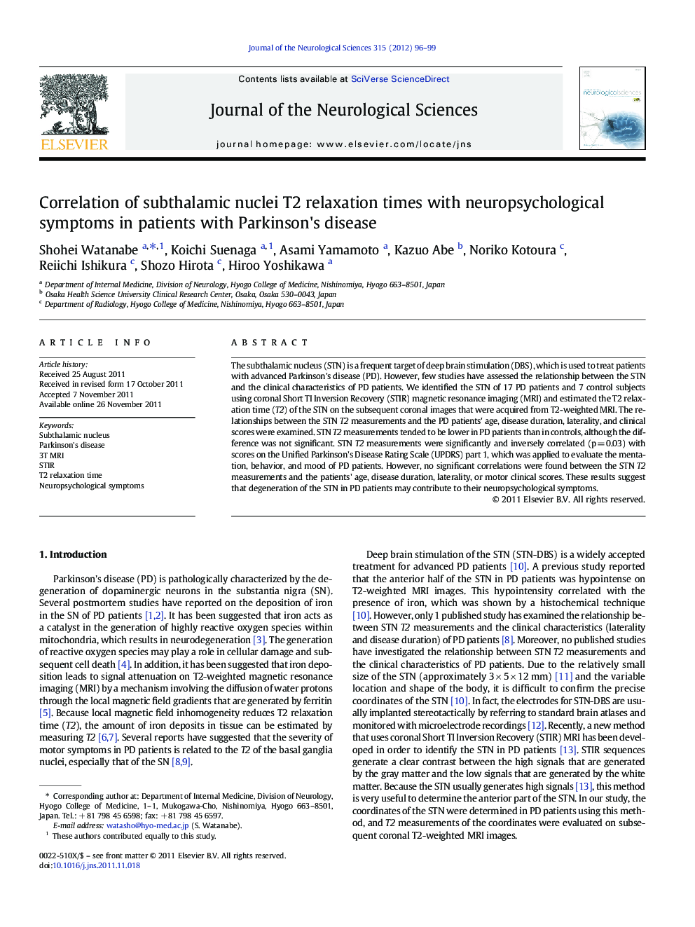 Correlation of subthalamic nuclei T2 relaxation times with neuropsychological symptoms in patients with Parkinson's disease