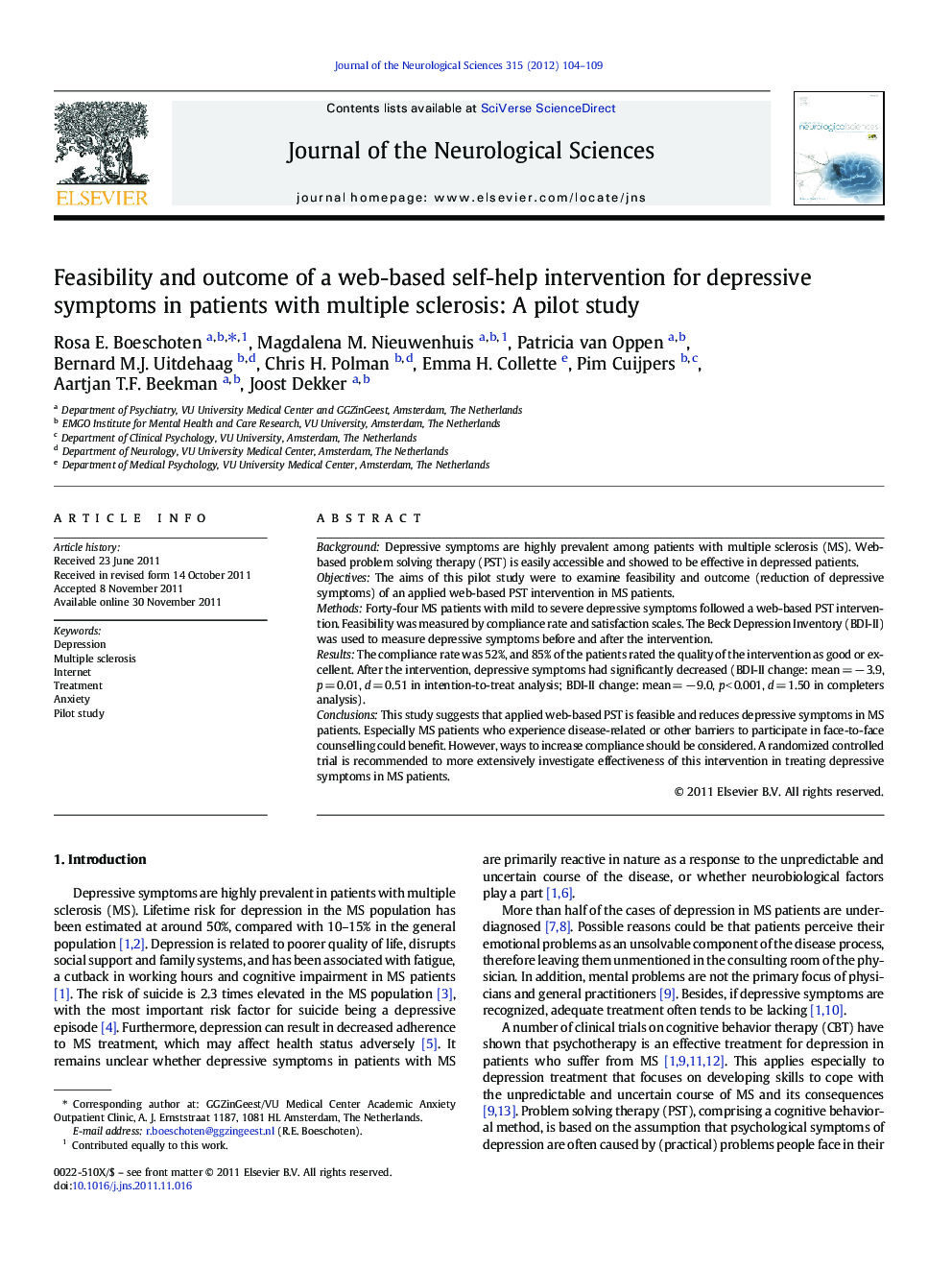 عکس صفحه اول مقاله: Feasibility and outcome of a web-based self-help intervention for depressive symptoms in patients with multiple sclerosis: A pilot study Feasibility and outcome of a web-based self-help intervention for depressive symptoms in patients with multiple sclerosis: A pilot study