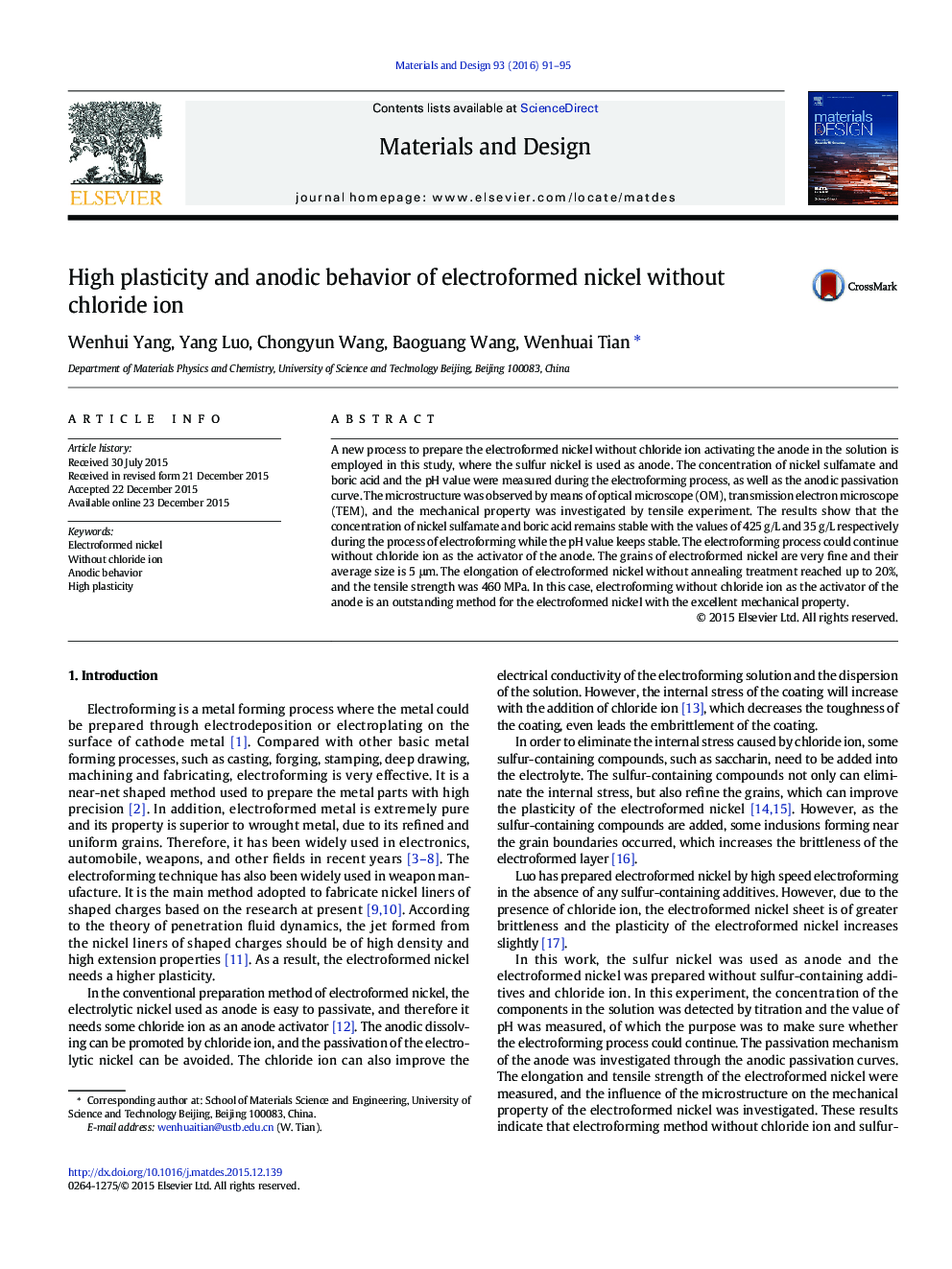 High plasticity and anodic behavior of electroformed nickel without chloride ion